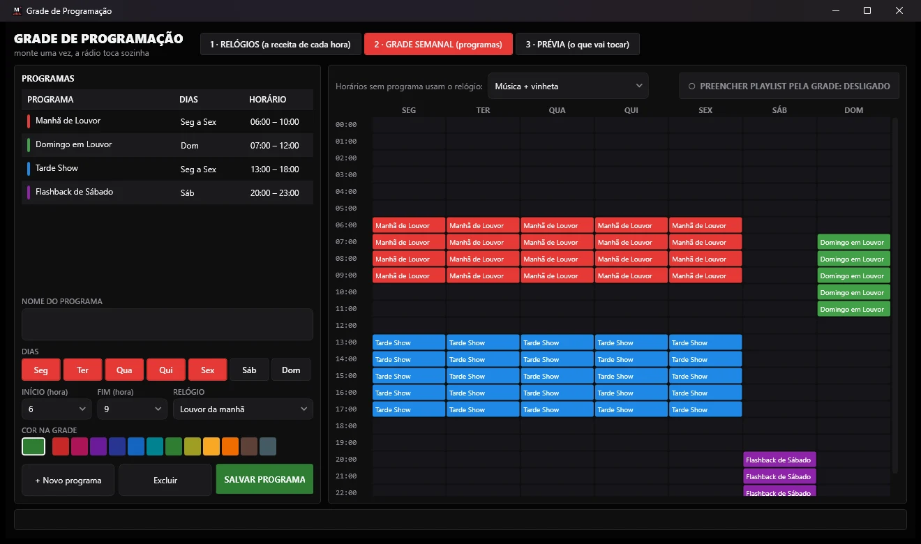 Grade semanal de programas coloridos por horário